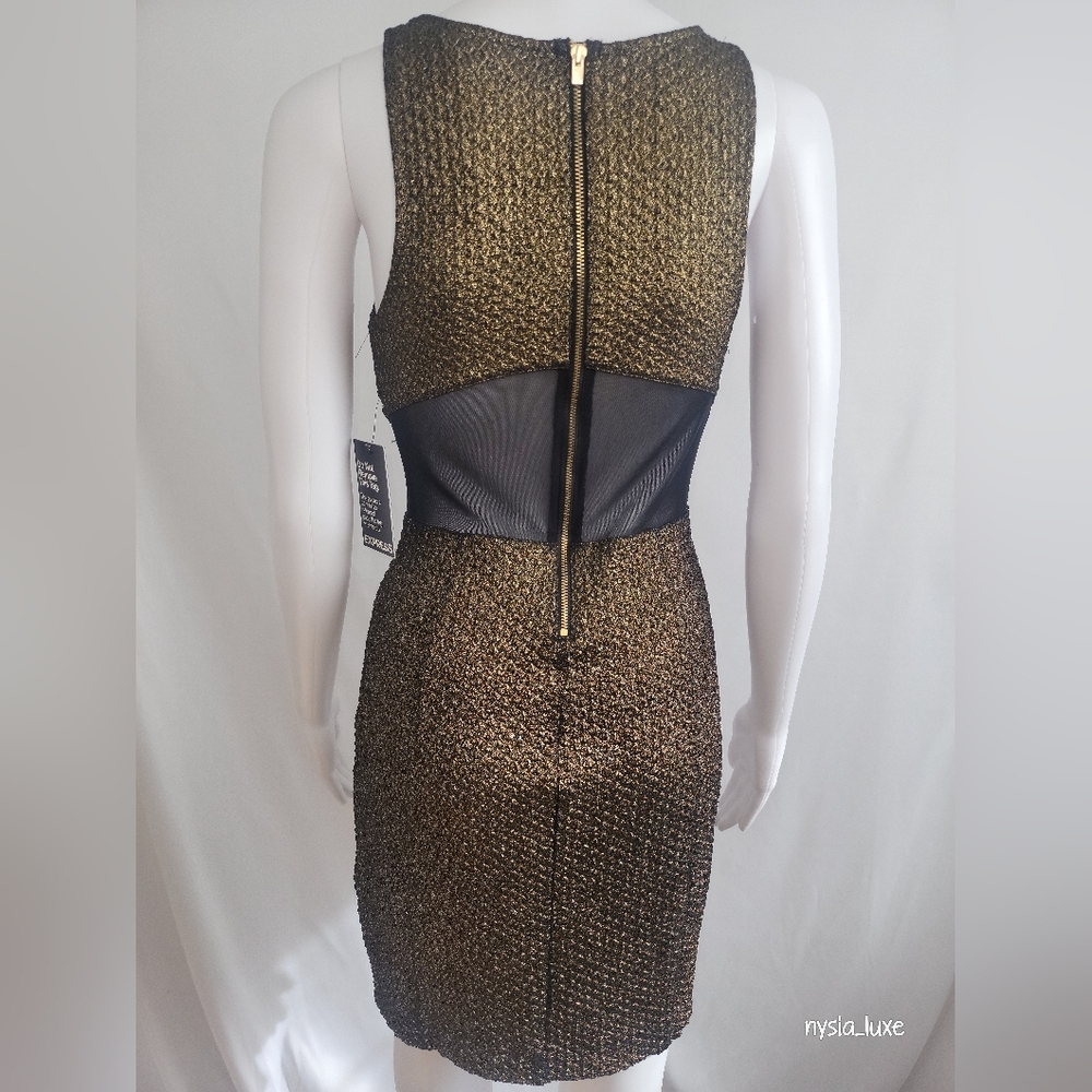 Express Textured Metallic Mesh Panel Mini Dress; Gold and Black; 6